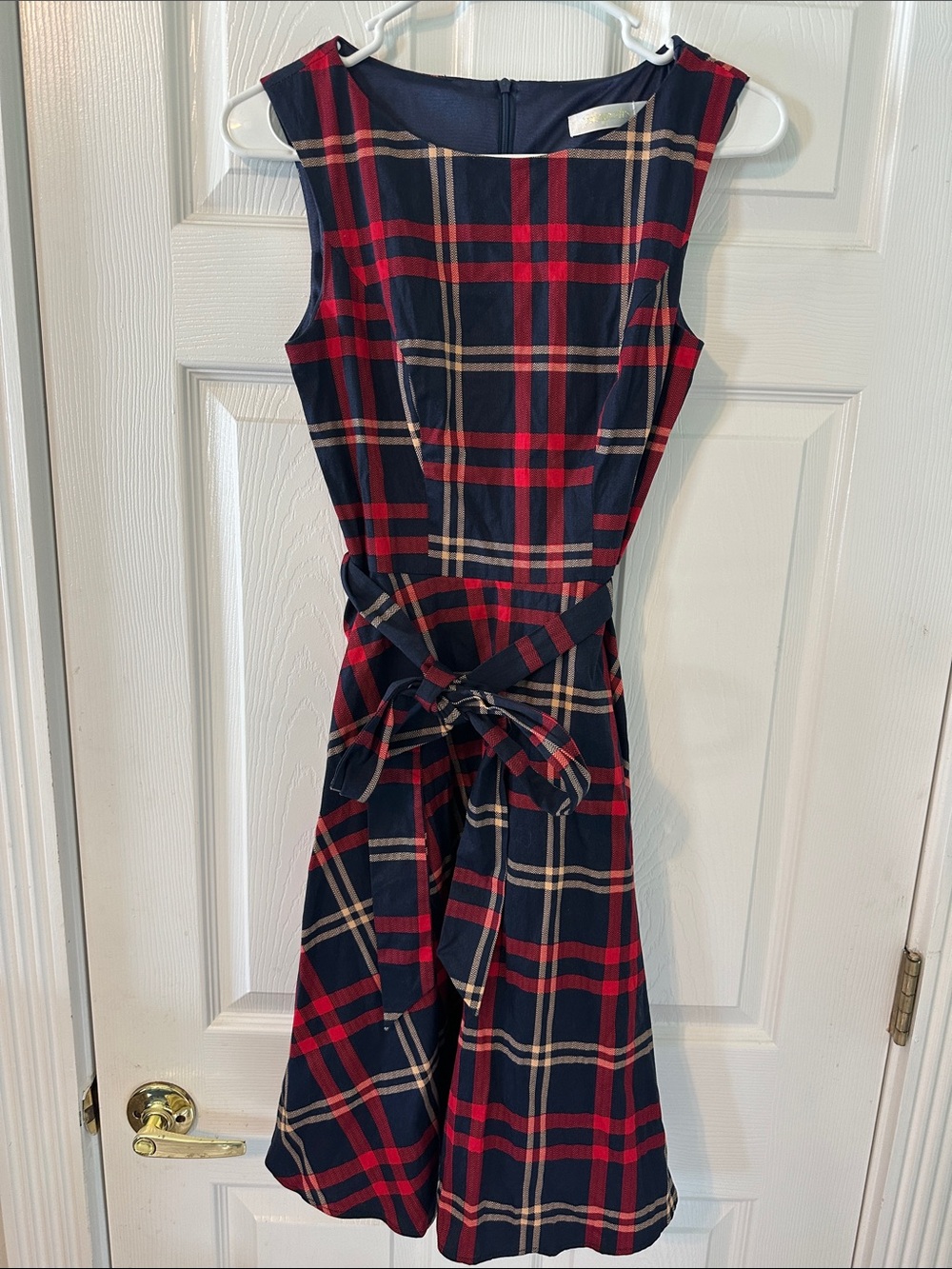 Hanpceirs Navy and Cream Checked Dress with Waist Tie (S)